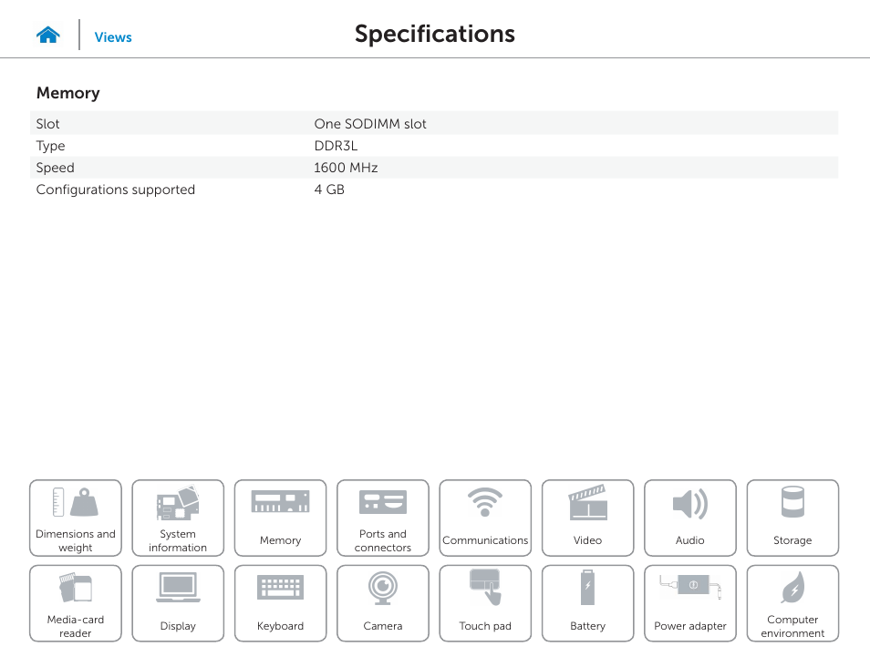 Memory, Specifications | Dell Inspiron 11 3148 User Manual | Page 10 / 24
