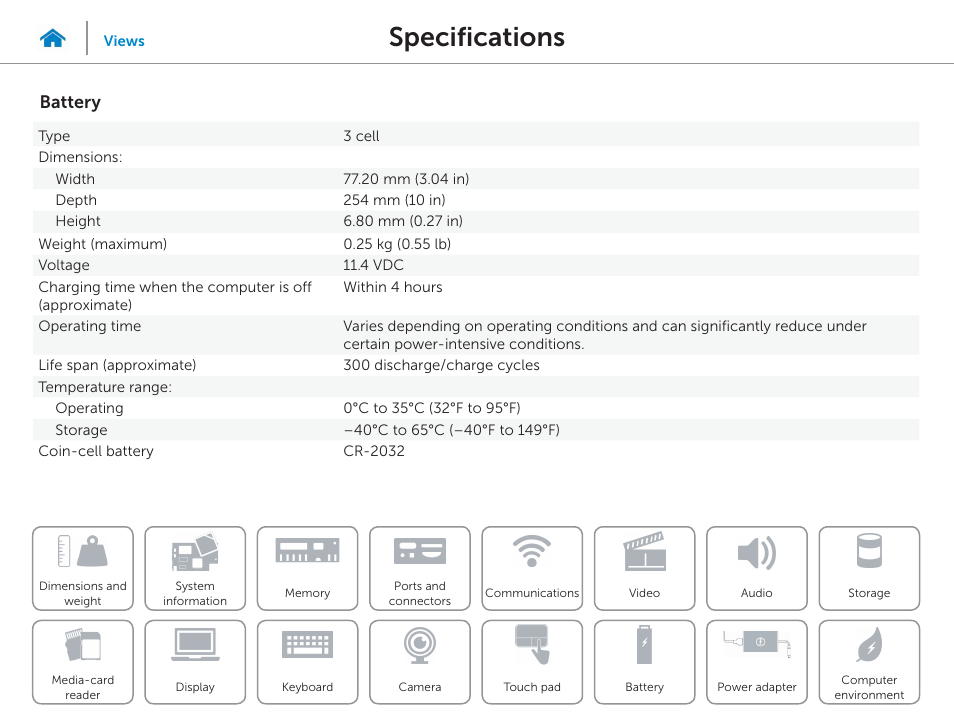 Battery, Specifications | Dell Inspiron 11 3148 User Manual | Page 22 / 24