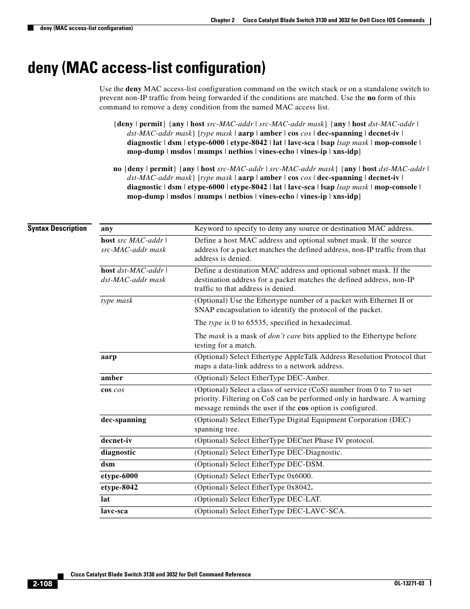 Deny (mac access-list configuration) | Dell POWEREDGE M1000E User Manual | Page 138 / 1082