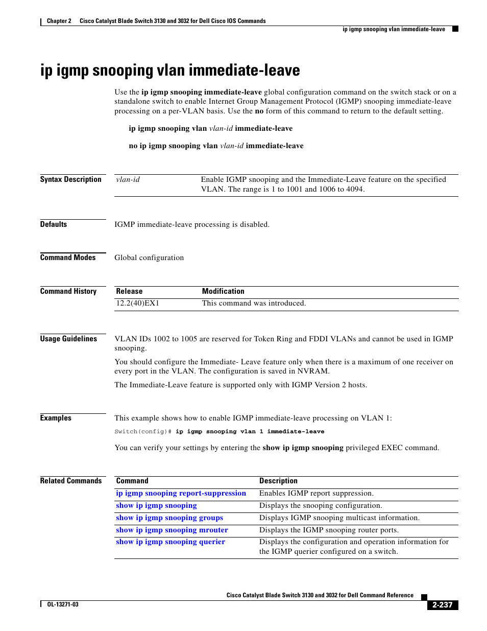 Ip igmp snooping vlan immediate-leave | Dell POWEREDGE M1000E User Manual | Page 267 / 1082