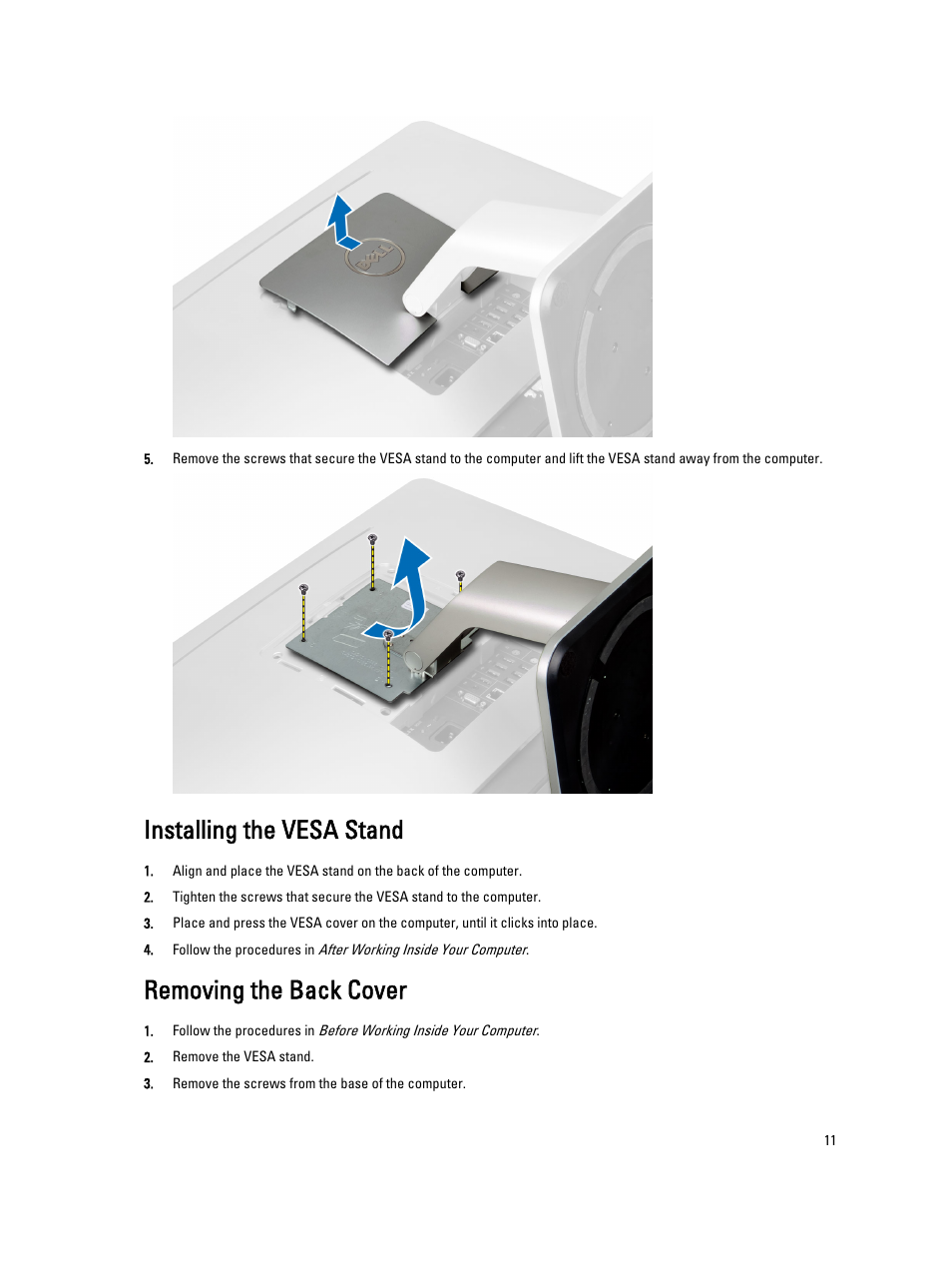 Installing the vesa stand, Removing the back cover | Dell OptiPlex 9020 All In One (Mid 2013) User Manual | Page 11 / 63