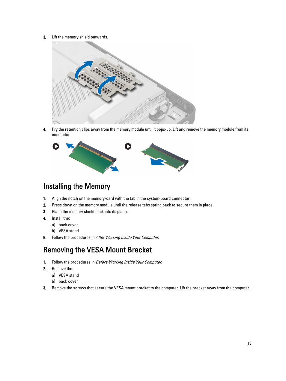 Installing the memory, Removing the vesa mount bracket | Dell OptiPlex 9020 All In One (Mid 2013) User Manual | Page 13 / 63