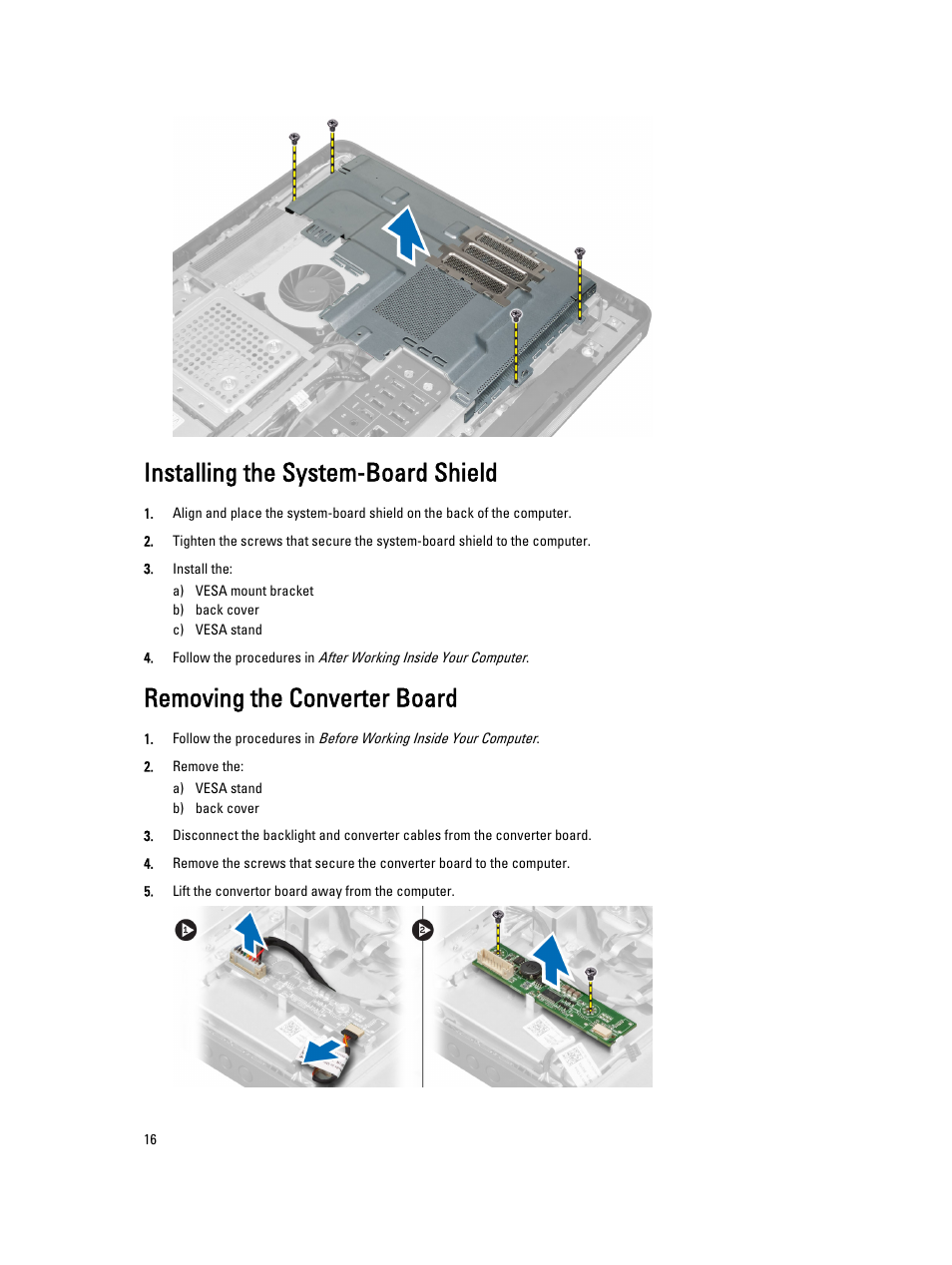 Installing the system-board shield, Removing the converter board | Dell OptiPlex 9020 All In One (Mid 2013) User Manual | Page 16 / 63