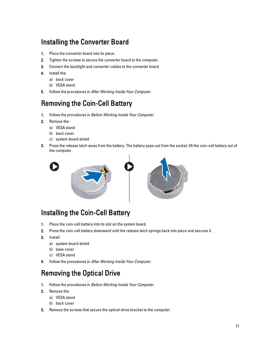 Installing the converter board, Removing the coin-cell battery, Installing the coin-cell battery | Removing the optical drive | Dell OptiPlex 9020 All In One (Mid 2013) User Manual | Page 17 / 63