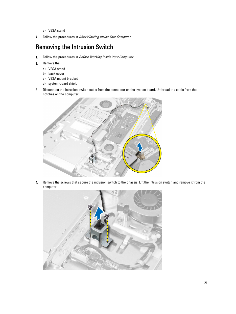 Removing the intrusion switch | Dell OptiPlex 9020 All In One (Mid 2013) User Manual | Page 21 / 63