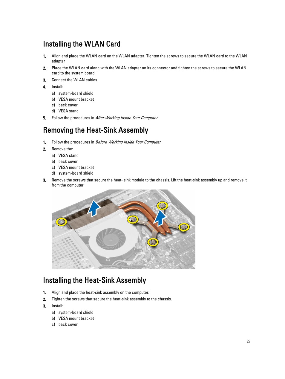 Installing the wlan card, Removing the heat-sink assembly, Installing the heat-sink assembly | Dell OptiPlex 9020 All In One (Mid 2013) User Manual | Page 23 / 63