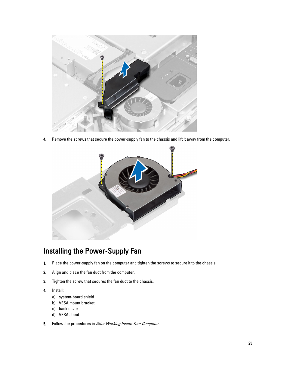 Installing the power-supply fan | Dell OptiPlex 9020 All In One (Mid 2013) User Manual | Page 25 / 63