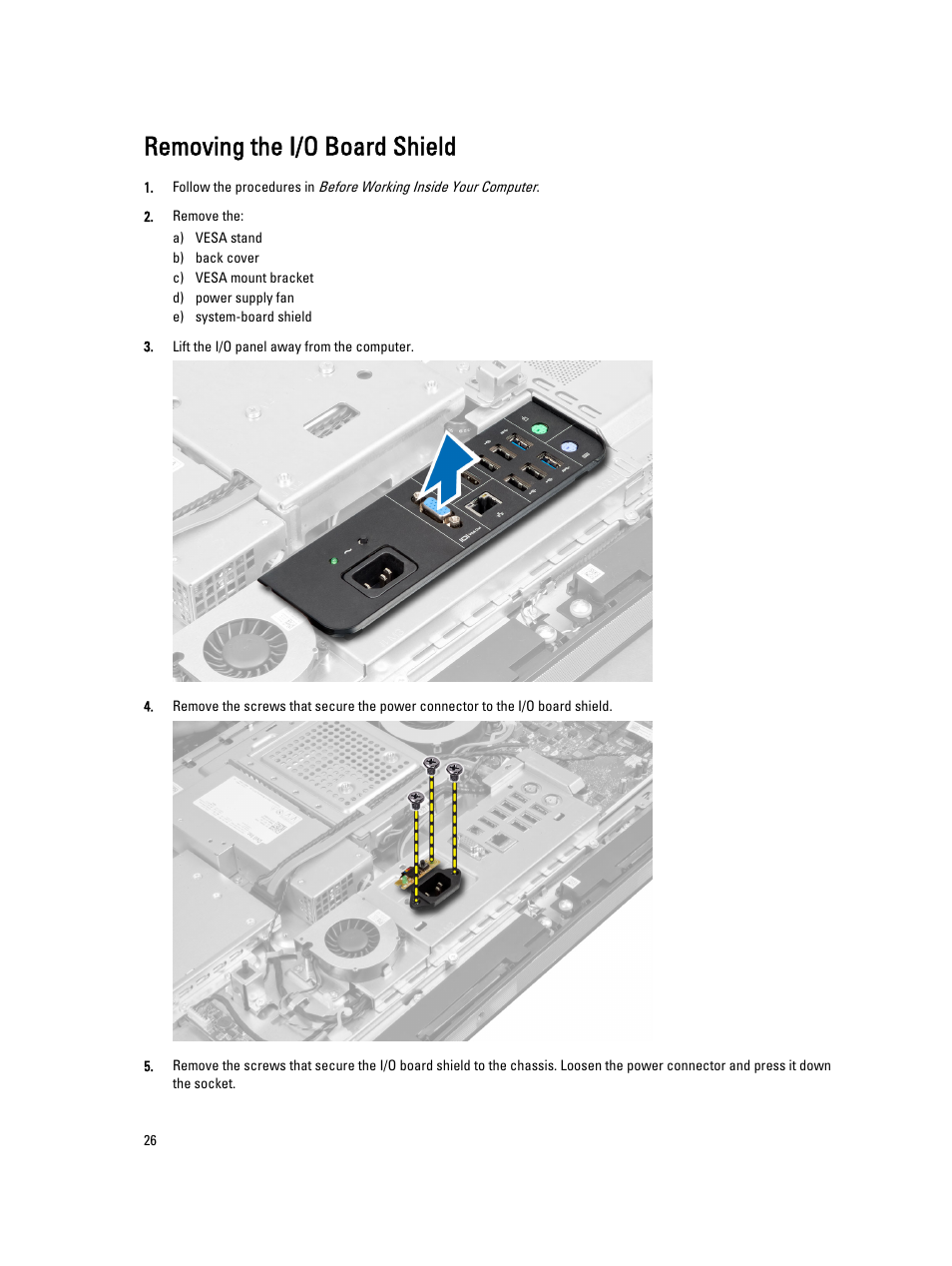 Removing the i/o board shield | Dell OptiPlex 9020 All In One (Mid 2013) User Manual | Page 26 / 63