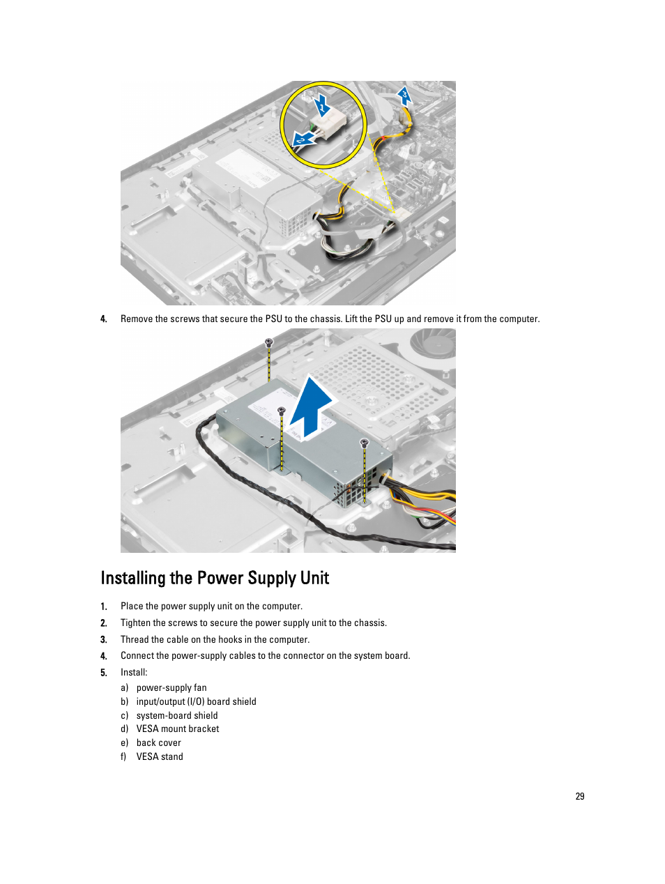 Installing the power supply unit | Dell OptiPlex 9020 All In One (Mid 2013) User Manual | Page 29 / 63