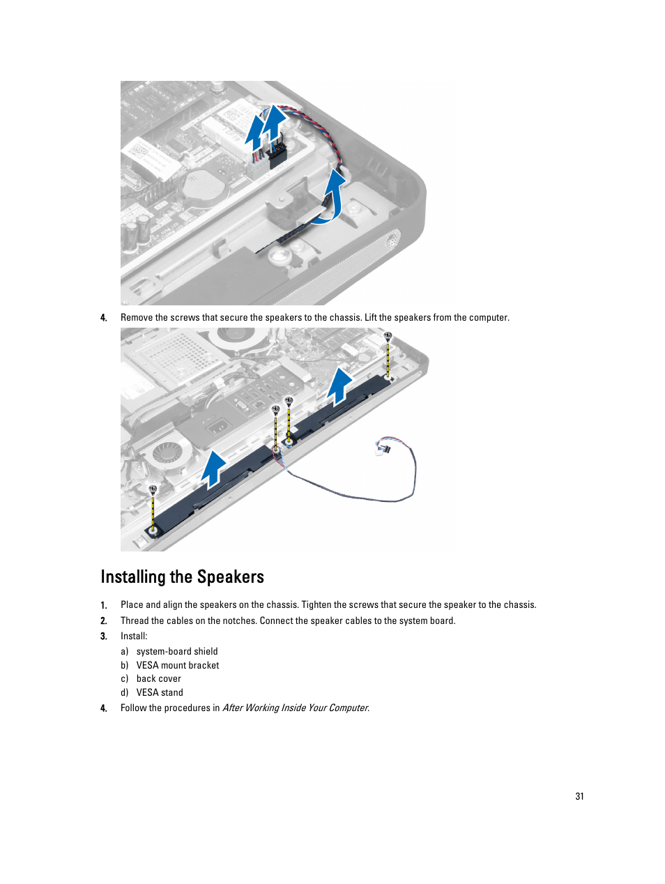 Installing the speakers | Dell OptiPlex 9020 All In One (Mid 2013) User Manual | Page 31 / 63