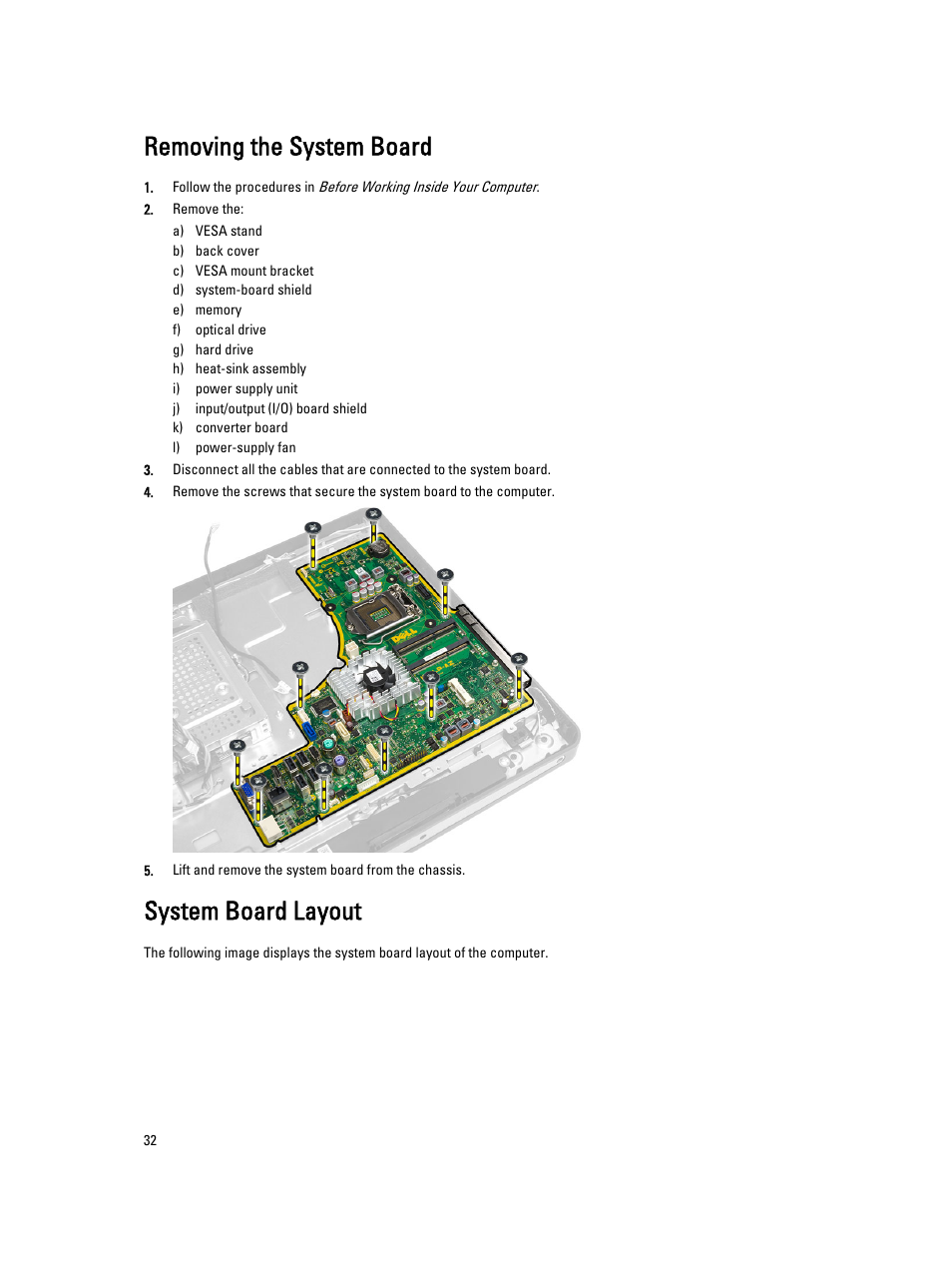 Removing the system board, System board layout | Dell OptiPlex 9020 All In One (Mid 2013) User Manual | Page 32 / 63