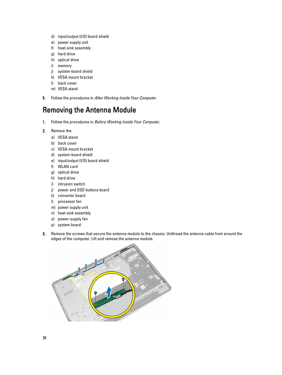 Removing the antenna module | Dell OptiPlex 9020 All In One (Mid 2013) User Manual | Page 36 / 63