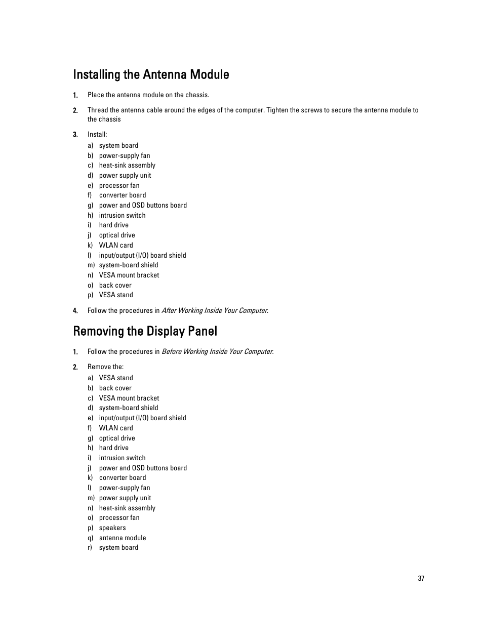 Installing the antenna module, Removing the display panel | Dell OptiPlex 9020 All In One (Mid 2013) User Manual | Page 37 / 63