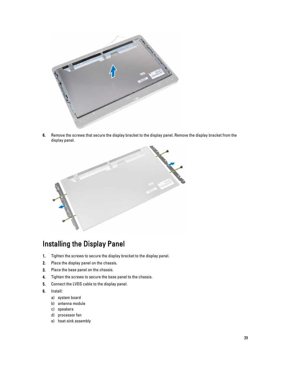 Installing the display panel | Dell OptiPlex 9020 All In One (Mid 2013) User Manual | Page 39 / 63