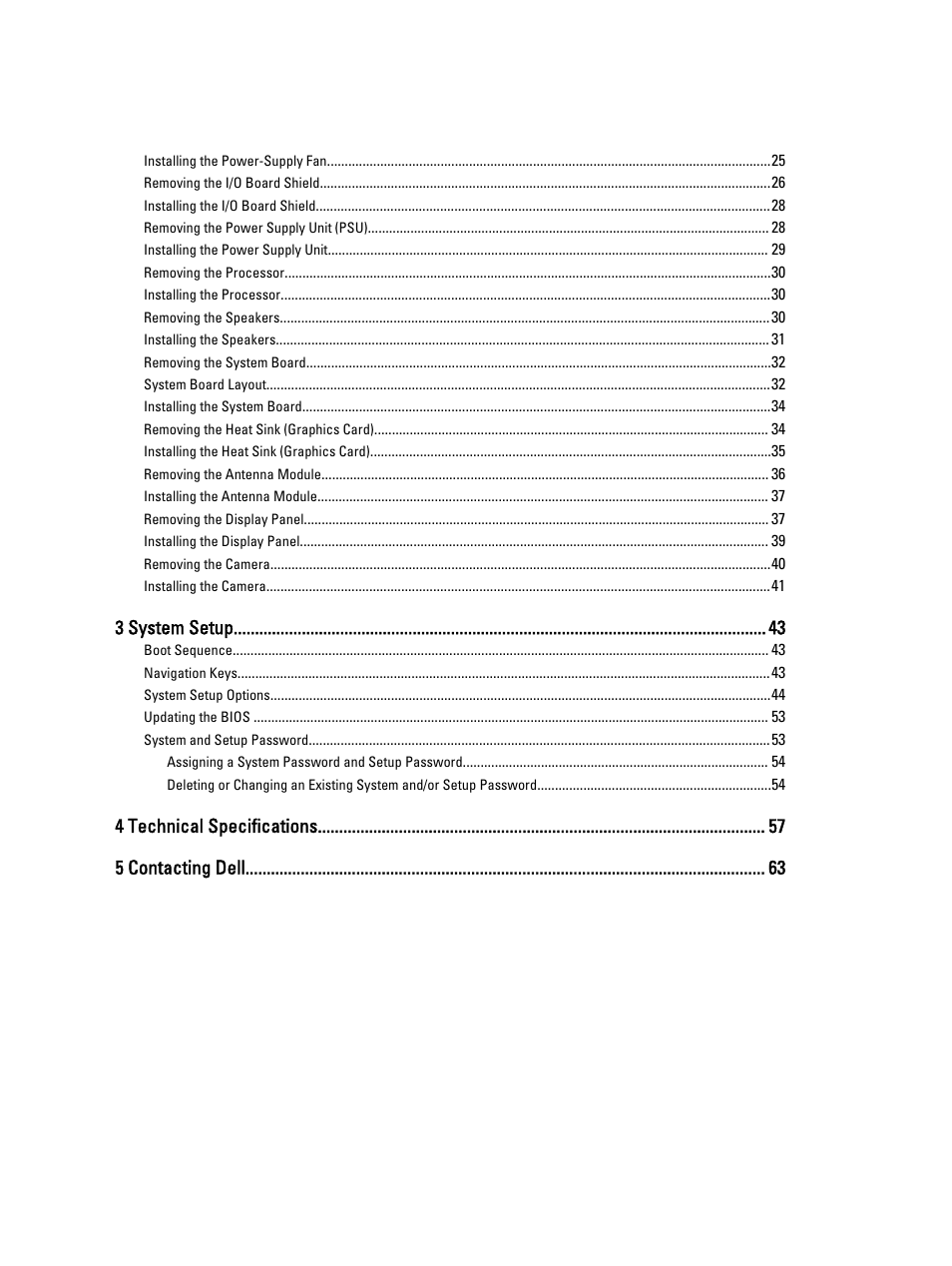 3 system setup, 4 technical specifications 5 contacting dell | Dell OptiPlex 9020 All In One (Mid 2013) User Manual | Page 4 / 63