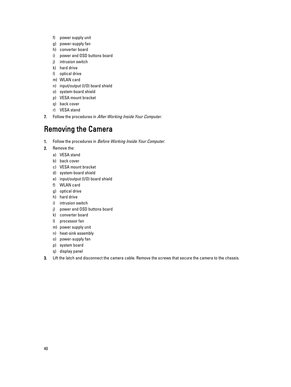 Removing the camera | Dell OptiPlex 9020 All In One (Mid 2013) User Manual | Page 40 / 63