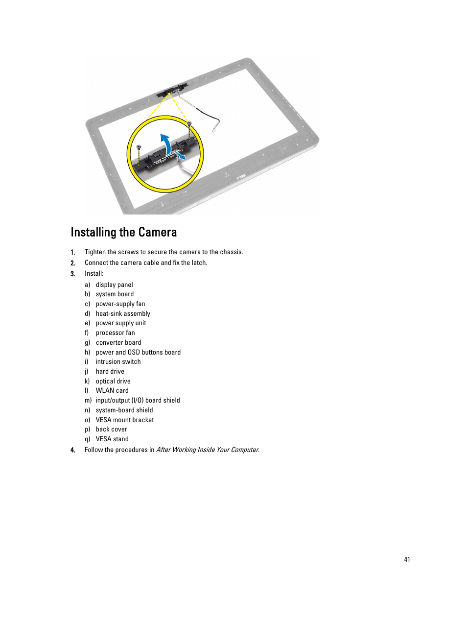 Installing the camera | Dell OptiPlex 9020 All In One (Mid 2013) User Manual | Page 41 / 63