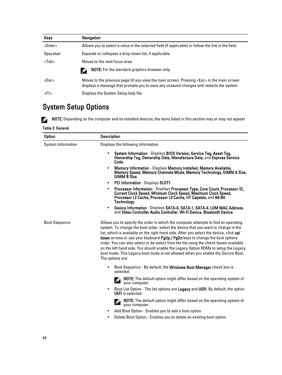 System setup options | Dell OptiPlex 9020 All In One (Mid 2013) User Manual | Page 44 / 63