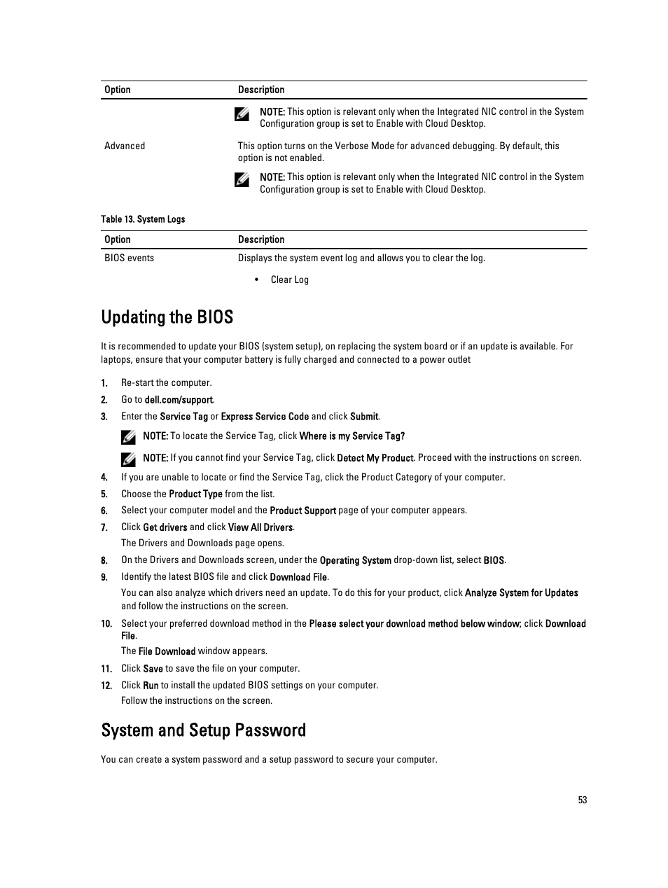 Updating the bios, System and setup password | Dell OptiPlex 9020 All In One (Mid 2013) User Manual | Page 53 / 63