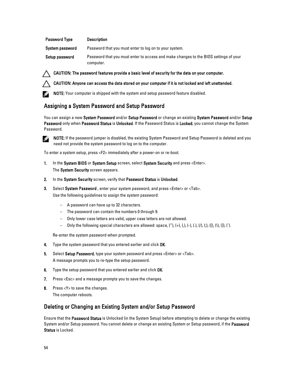 Assigning a system password and setup password | Dell OptiPlex 9020 All In One (Mid 2013) User Manual | Page 54 / 63