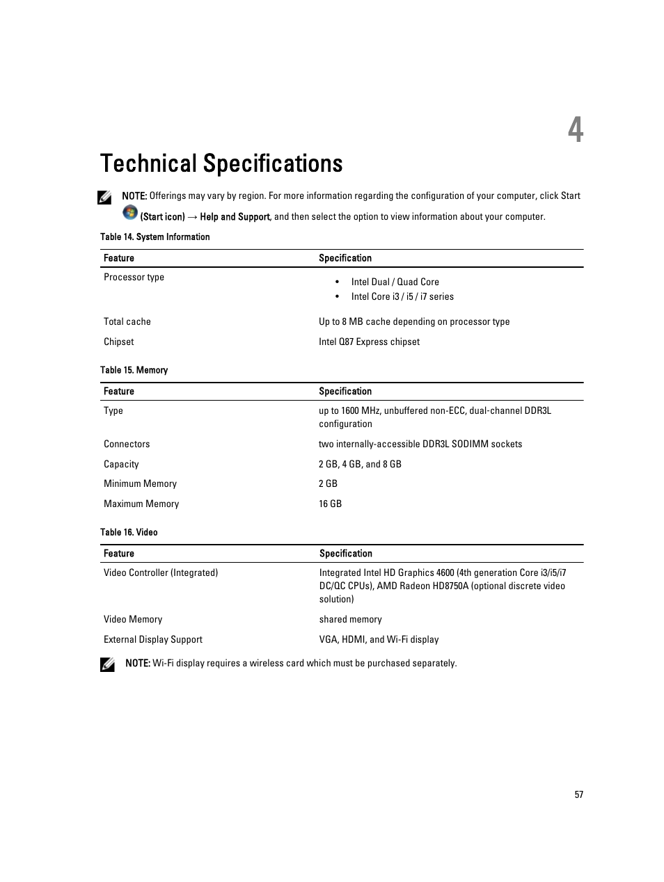 Technical specifications, 4 technical specifications | Dell OptiPlex 9020 All In One (Mid 2013) User Manual | Page 57 / 63