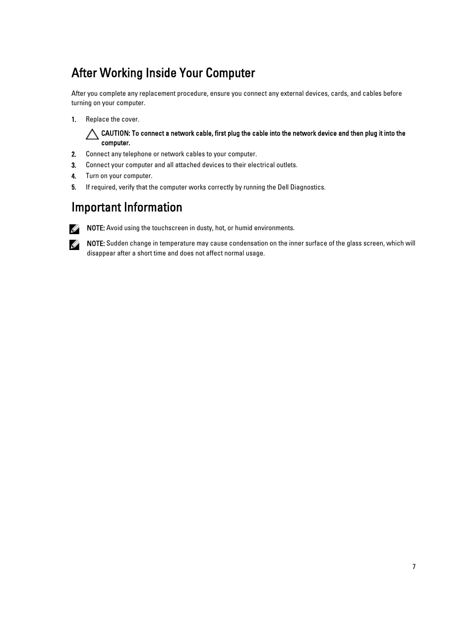 After working inside your computer, Important information | Dell OptiPlex 9020 All In One (Mid 2013) User Manual | Page 7 / 63