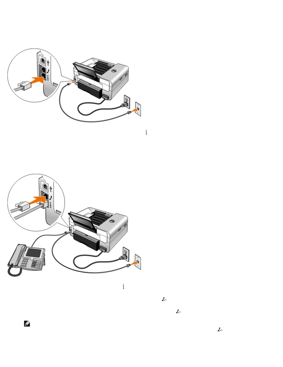 Setting up the, Printer with external devices, Setting up the printer with external devices | Connecting directly to a, Telephone wall jack, Connecting to a telephone, Connecting directly to a telephone wall jack | Dell 948 All In One Printer User Manual | Page 126 / 144