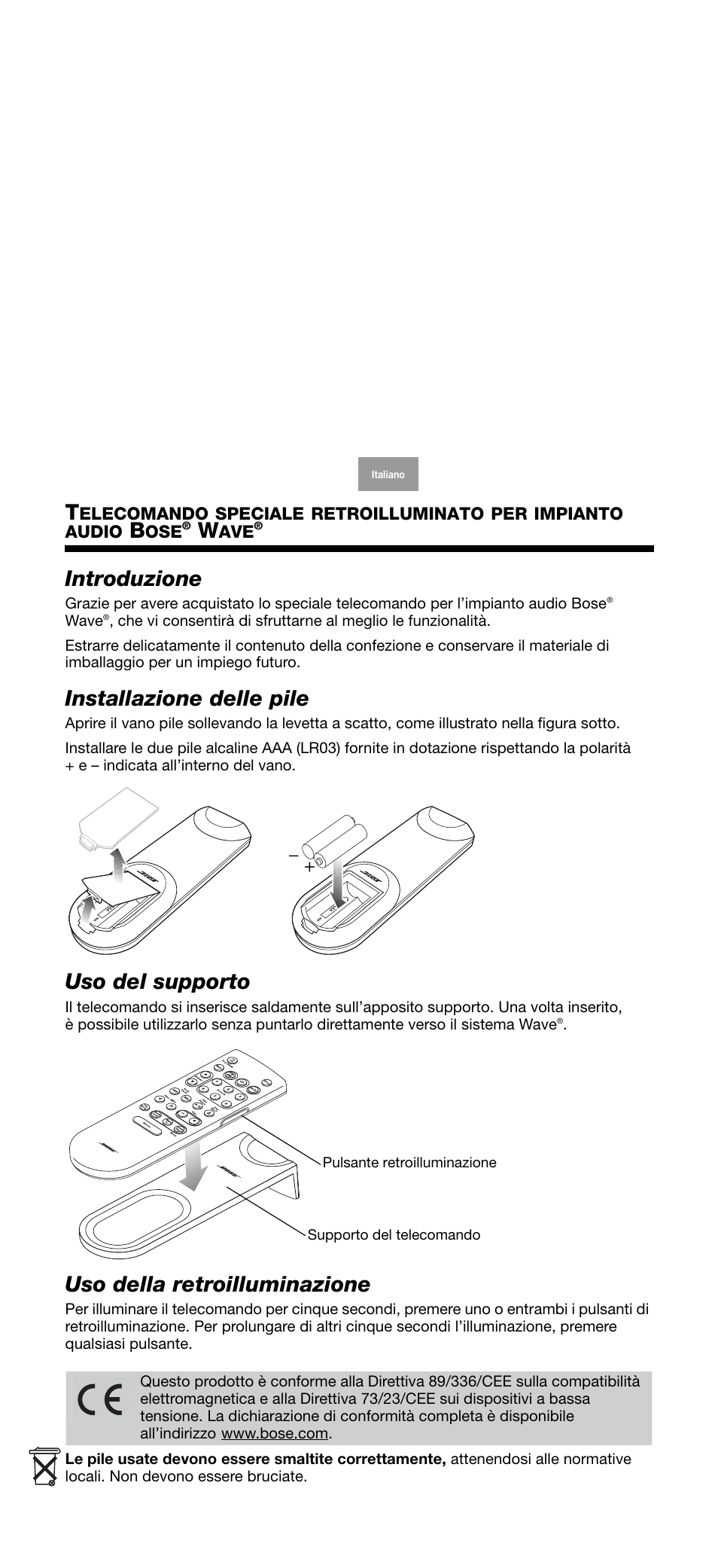Introduzione, Installazione delle pile, Uso del supporto | Uso della retroilluminazione | Bose Wave music system premium backlit remote User Manual | Page 10 / 24