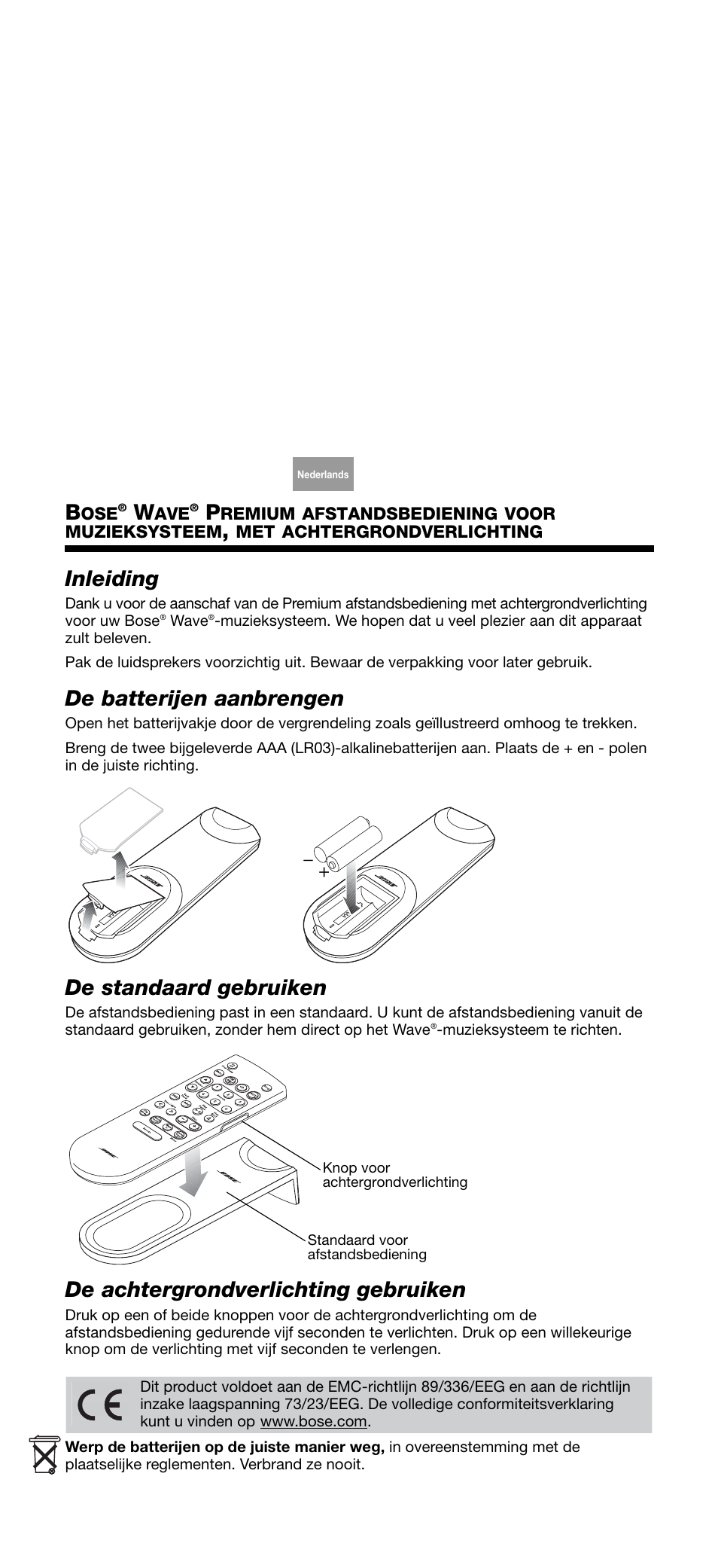 Inleiding, De batterijen aanbrengen, De standaard gebruiken | De achtergrondverlichting gebruiken | Bose Wave music system premium backlit remote User Manual | Page 12 / 24