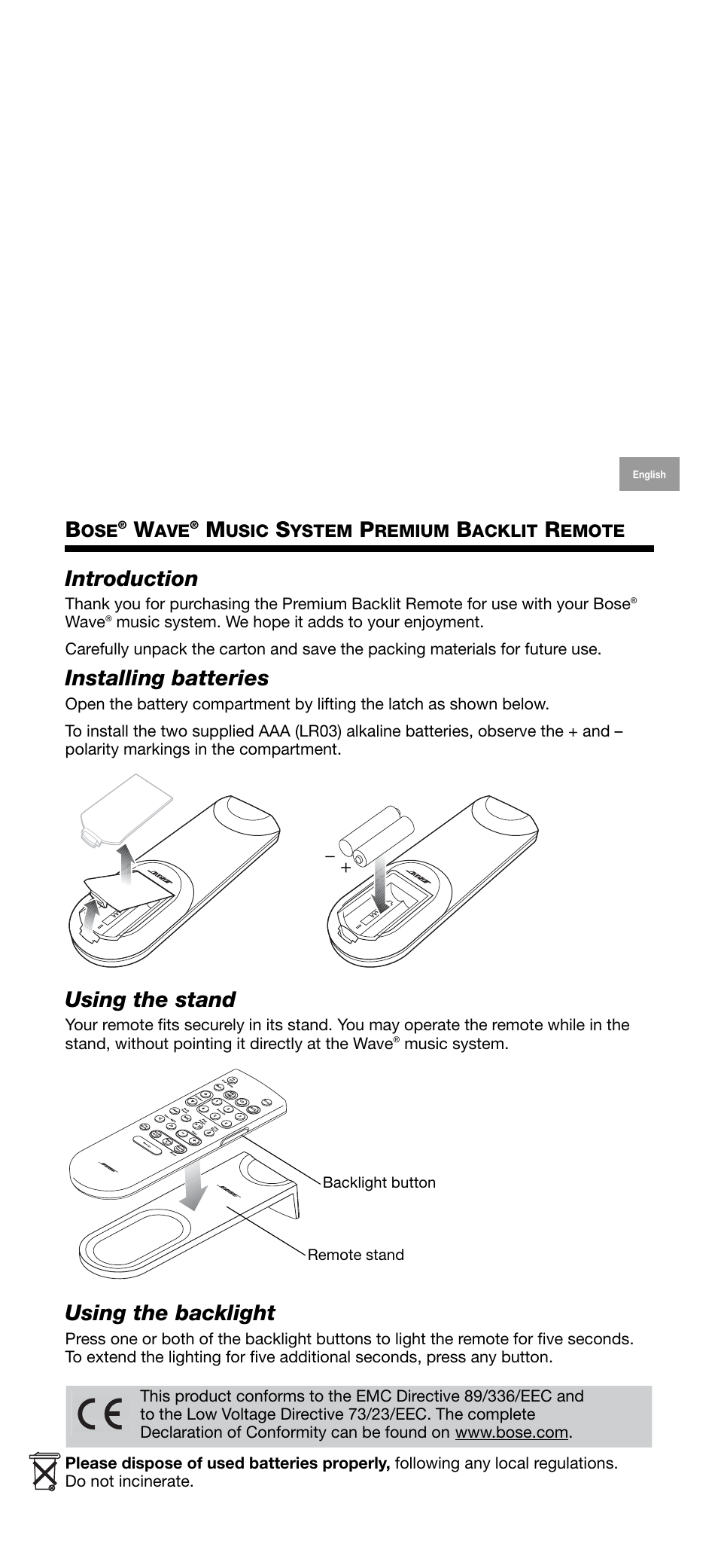 Introduction, Installing batteries, Using the stand | Using the backlight | Bose Wave music system premium backlit remote User Manual | Page 2 / 24