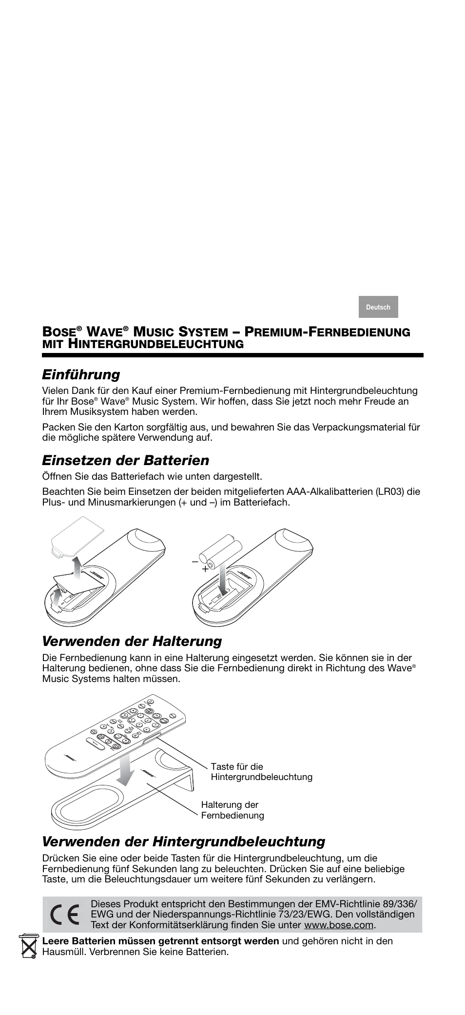 Einführung, Einsetzen der batterien, Verwenden der halterung | Verwenden der hintergrundbeleuchtung | Bose Wave music system premium backlit remote User Manual | Page 4 / 24