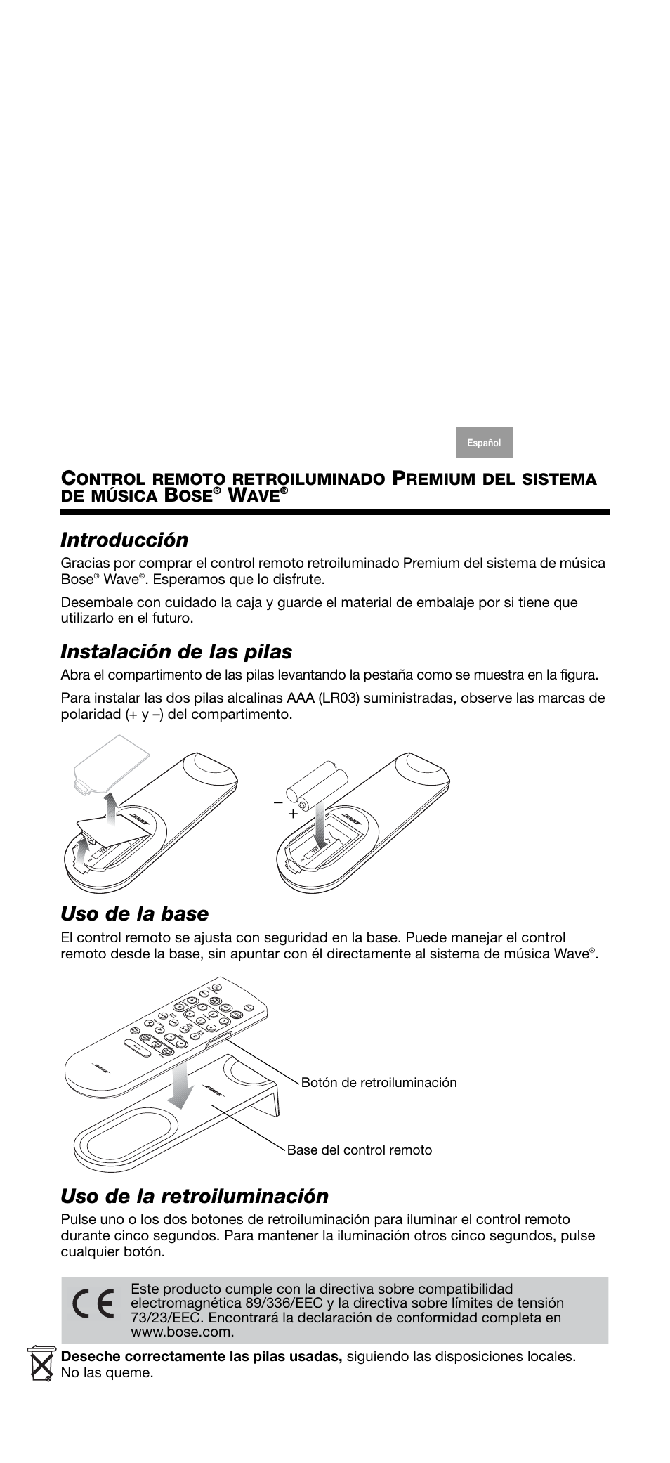 Introducción, Instalación de las pilas, Uso de la base | Uso de la retroiluminación | Bose Wave music system premium backlit remote User Manual | Page 6 / 24