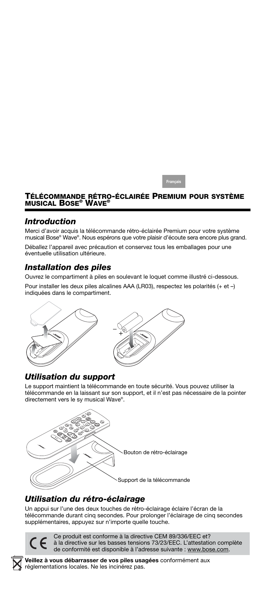 Introduction, Installation des piles, Utilisation du support | Utilisation du rétro-éclairage | Bose Wave music system premium backlit remote User Manual | Page 8 / 24