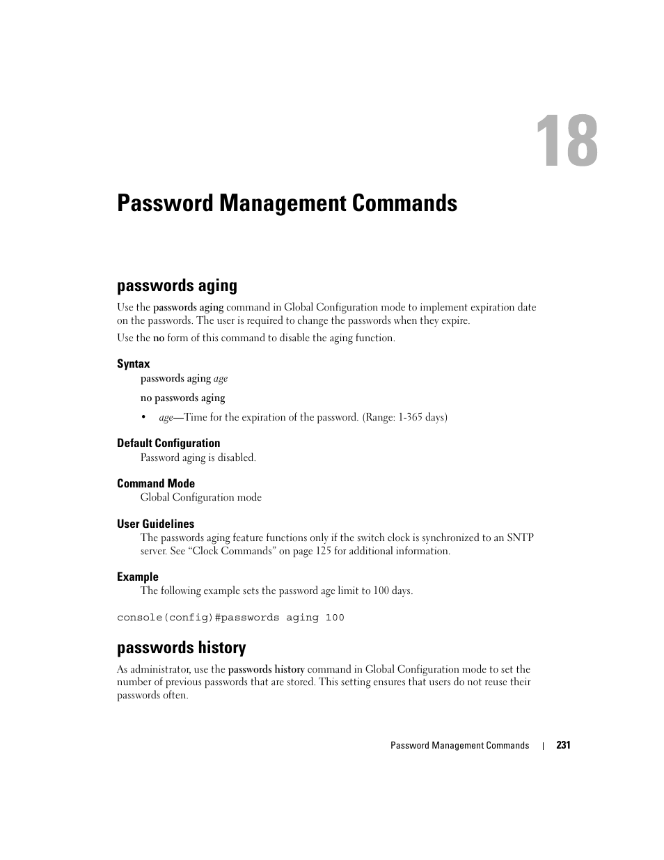 Password management commands, Passwords aging, Passwords history | 18 password management commands | Dell PowerEdge M600 User Manual | Page 257 / 808