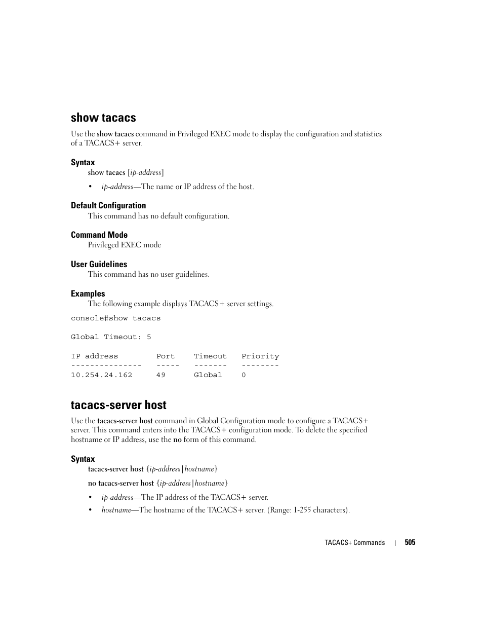 Show tacacs, Tacacs-server host | Dell PowerEdge M600 User Manual | Page 509 / 808