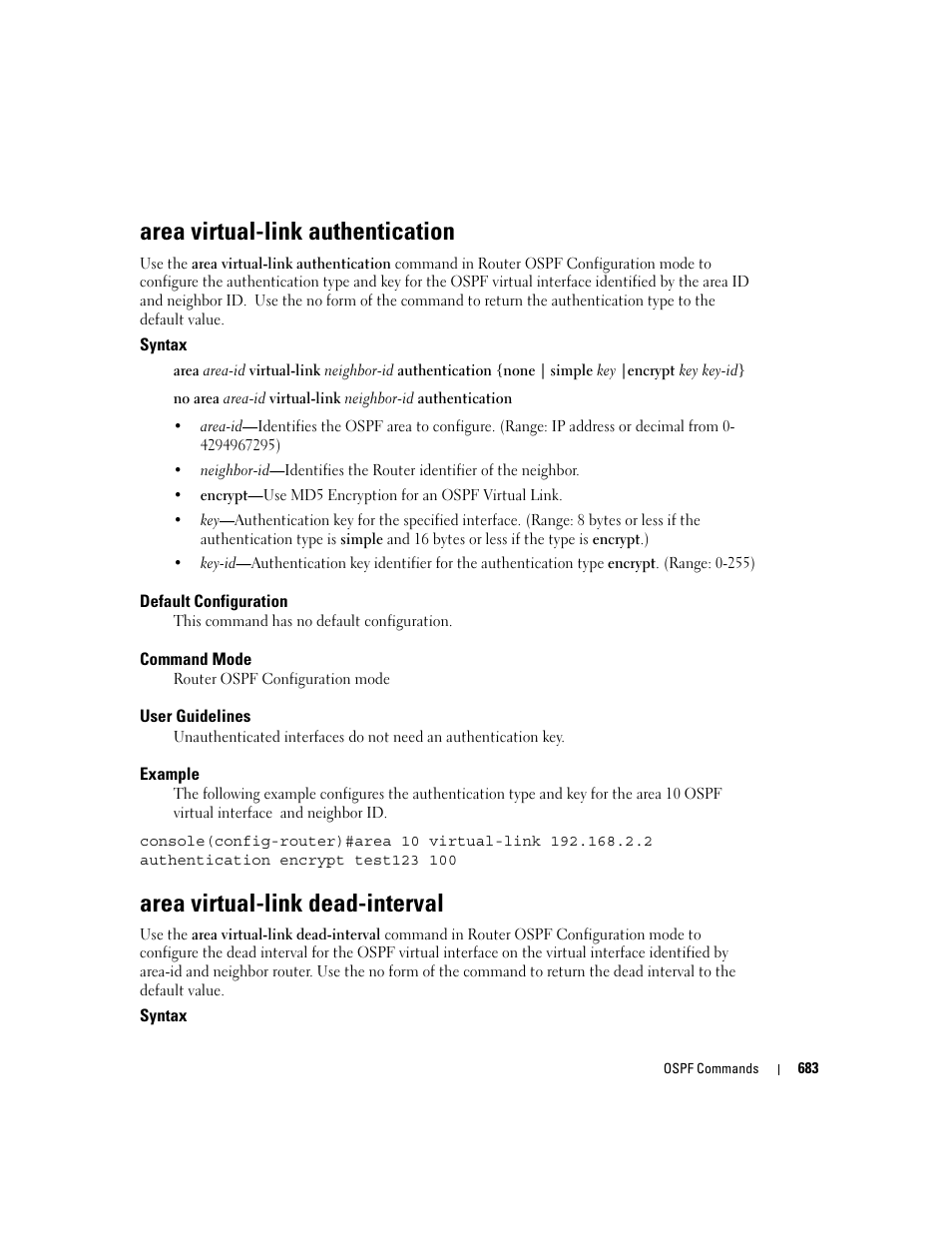 Area virtual-link authentication, Area virtual-link dead-interval | Dell PowerEdge M600 User Manual | Page 677 / 808