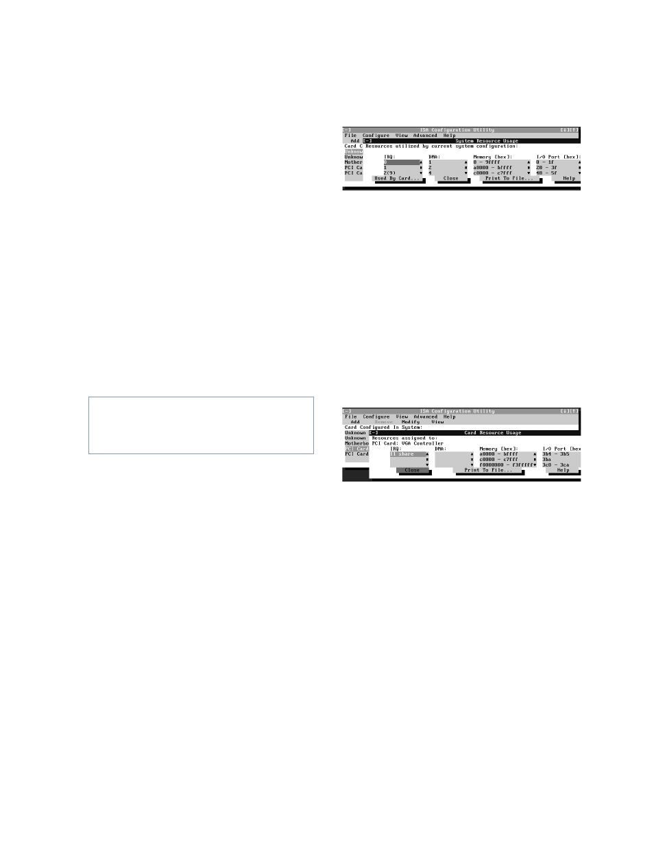 Viewing resources, Saving the system configuration, Viewing resources -9 | Saving the system configuration -9, Figure 3-10, System resource usage dialog box -9, Figure 3-11, Card resource usage dialog box -9, Iewing resources, Aving the system configuration | Dell OptiPlex Gxi User Manual | Page 53 / 134