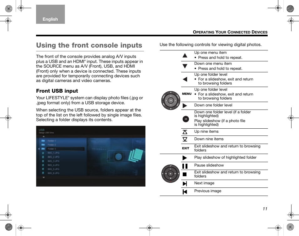 Using the front console inputs, Front usb input | Bose LIFESTYLE V35/V25 User Manual | Page 19 / 34