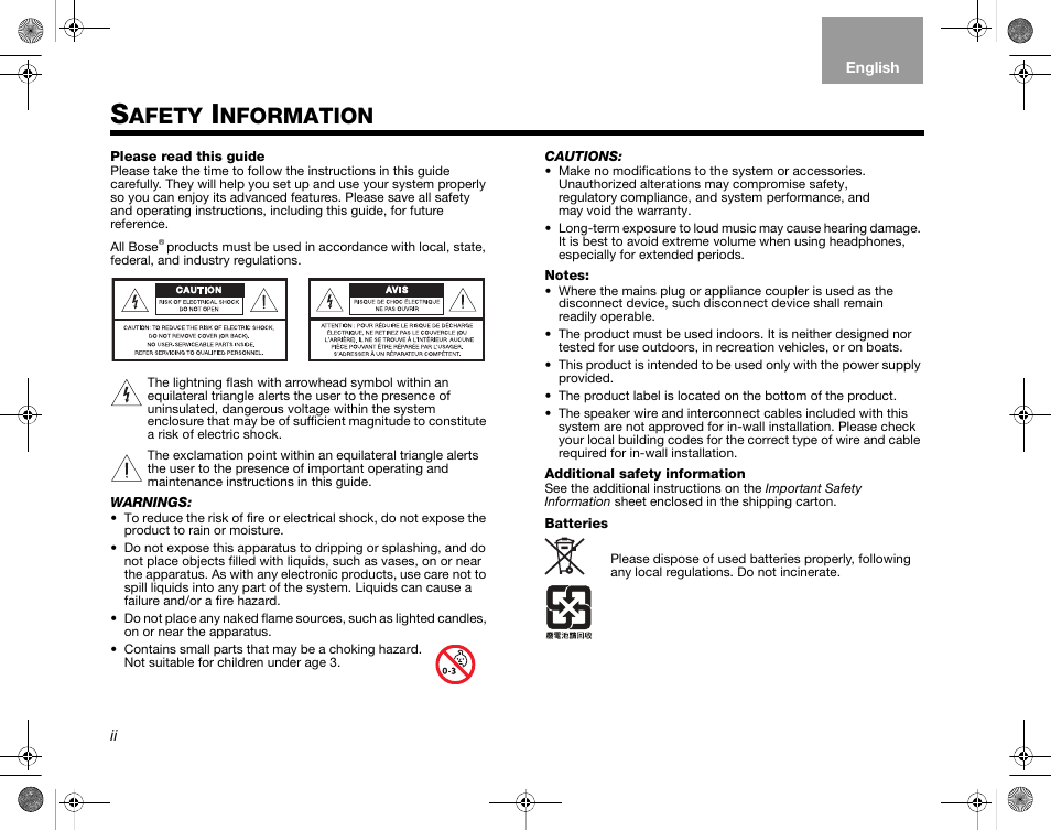 Afety, Nformation | Bose LIFESTYLE V35/V25 User Manual | Page 2 / 34