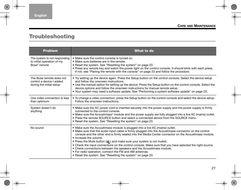 Troubleshooting | Bose LIFESTYLE V35/V25 User Manual | Page 29 / 34