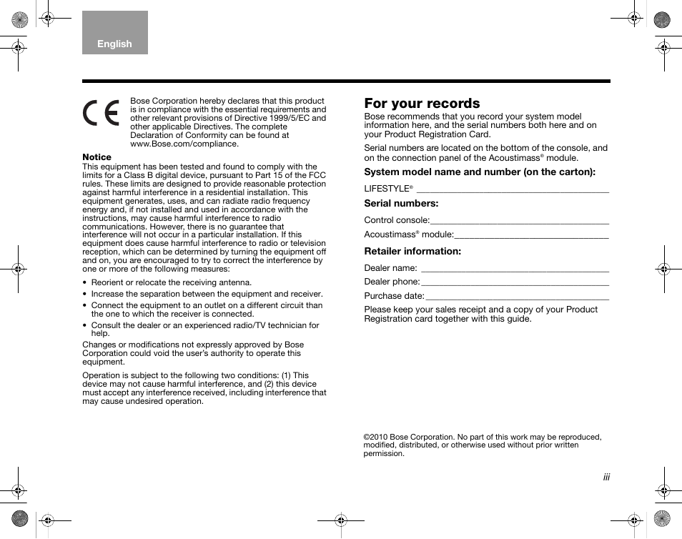 For your records | Bose LIFESTYLE V35/V25 User Manual | Page 3 / 34