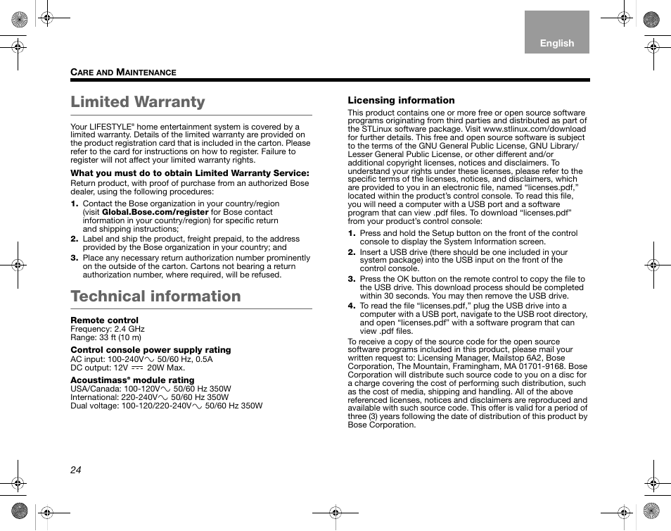 Limited warranty, Technical information | Bose LIFESTYLE V35/V25 User Manual | Page 32 / 34