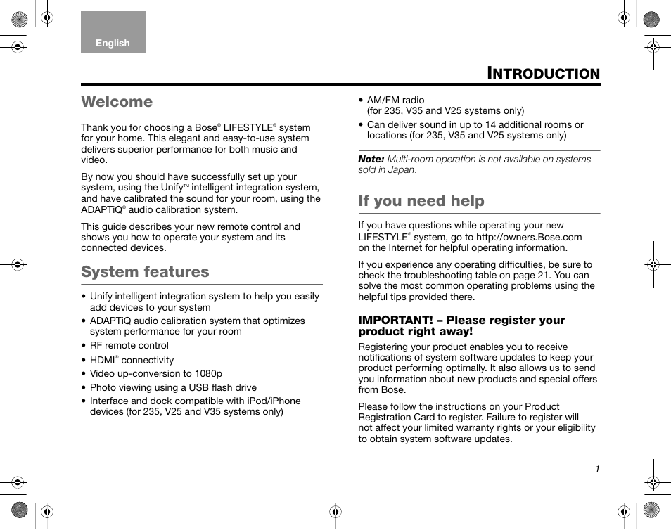 Welcome, System features, If you need help | Ntroduction | Bose LIFESTYLE V35/V25 User Manual | Page 9 / 34