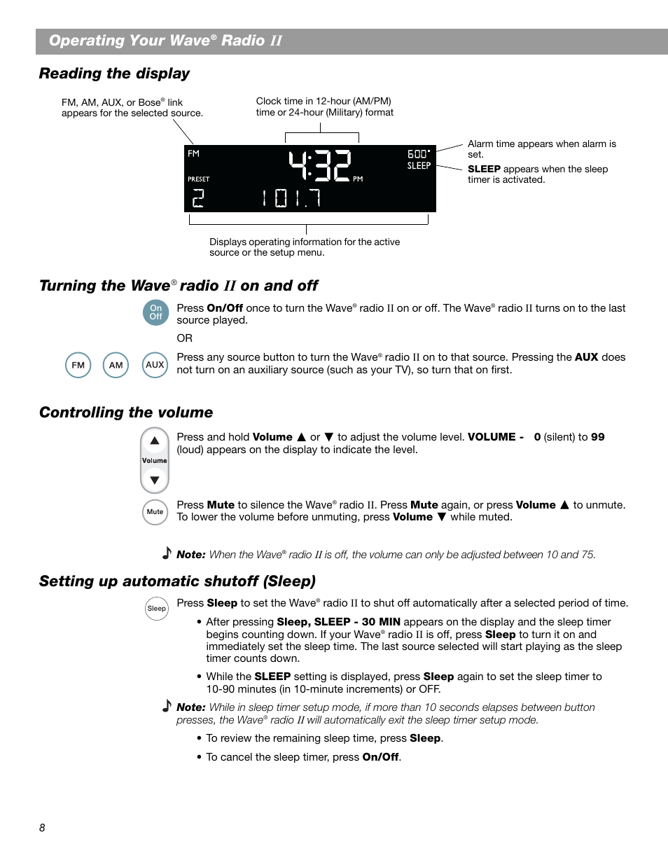 Operating your wave, Radio, Reading the display | Turning the wave, Radio ,, on and off, Controlling the volume, Setting up automatic shutoff (sleep) | Bose Wave Radio II User Manual | Page 10 / 28