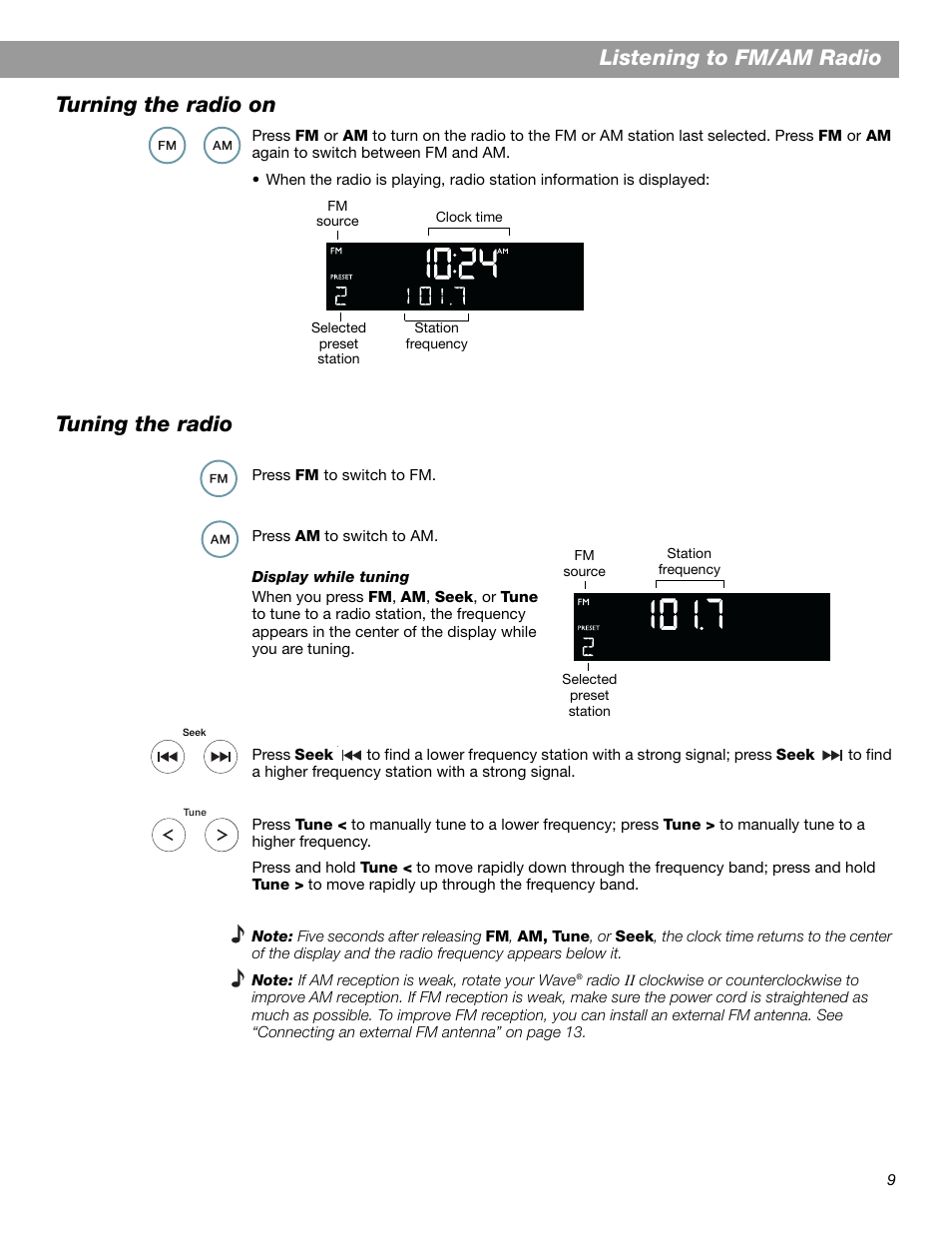 Listening to fm/am radio turning the radio on, Tuning the radio | Bose Wave Radio II User Manual | Page 11 / 28