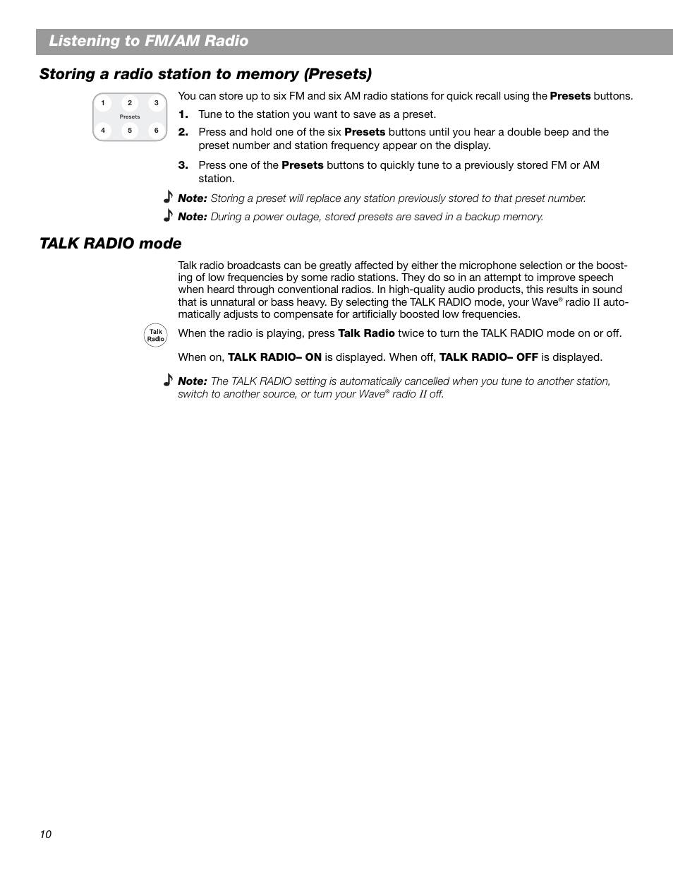 Listening to fm/am radio, Talk radio mode | Bose Wave Radio II User Manual | Page 12 / 28