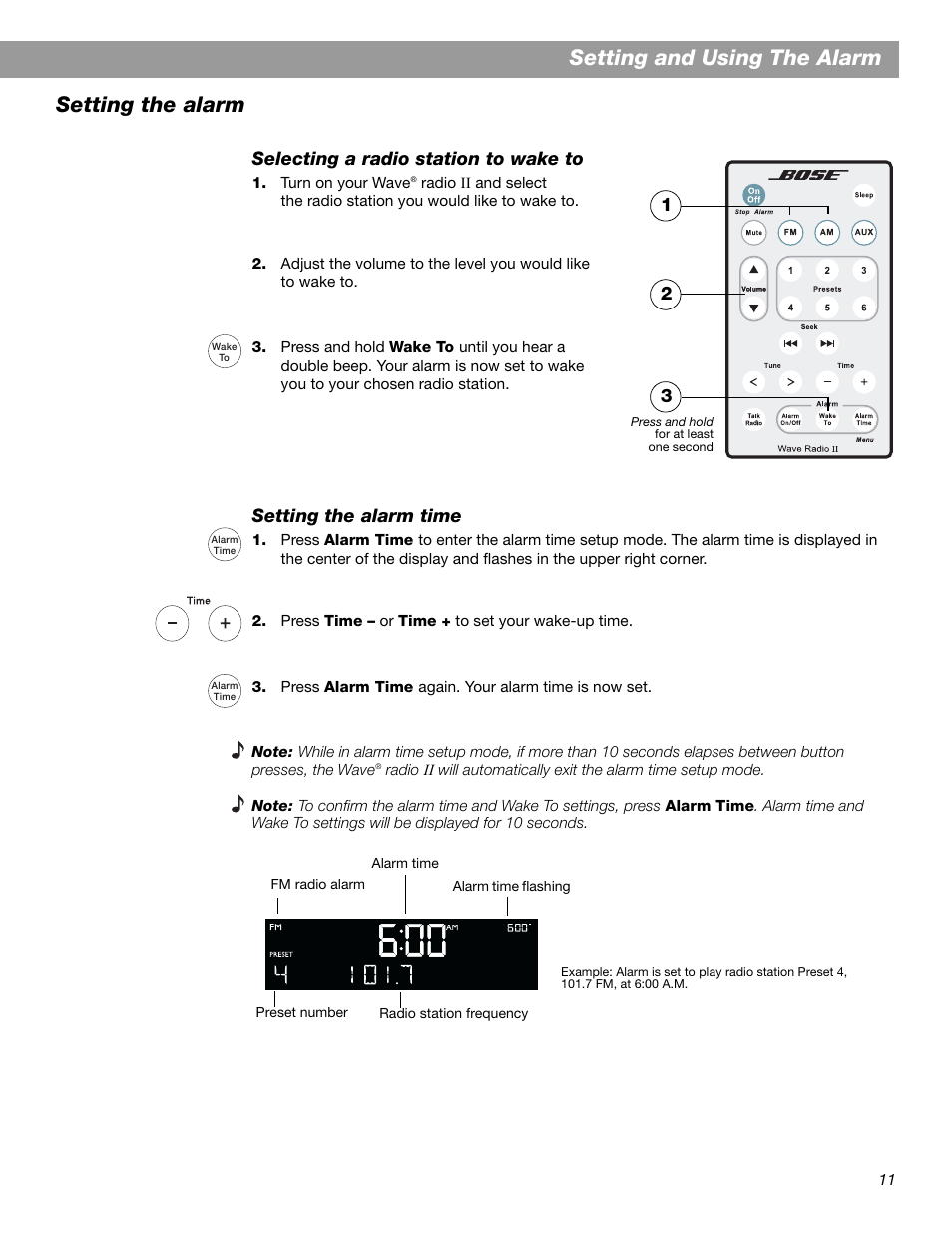 Setting and using the alarm setting the alarm | Bose Wave Radio II User Manual | Page 13 / 28