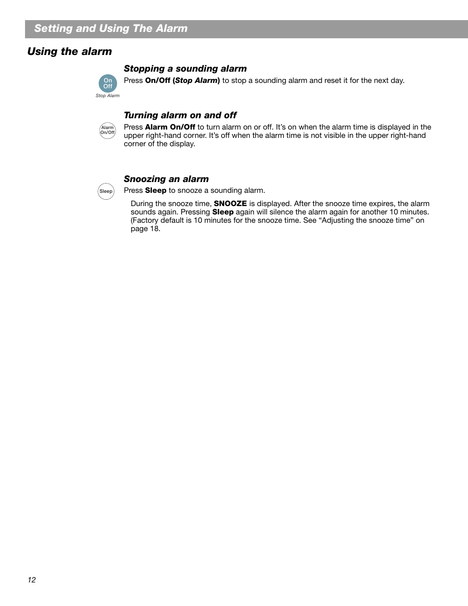 Setting and using the alarm, Using the alarm | Bose Wave Radio II User Manual | Page 14 / 28