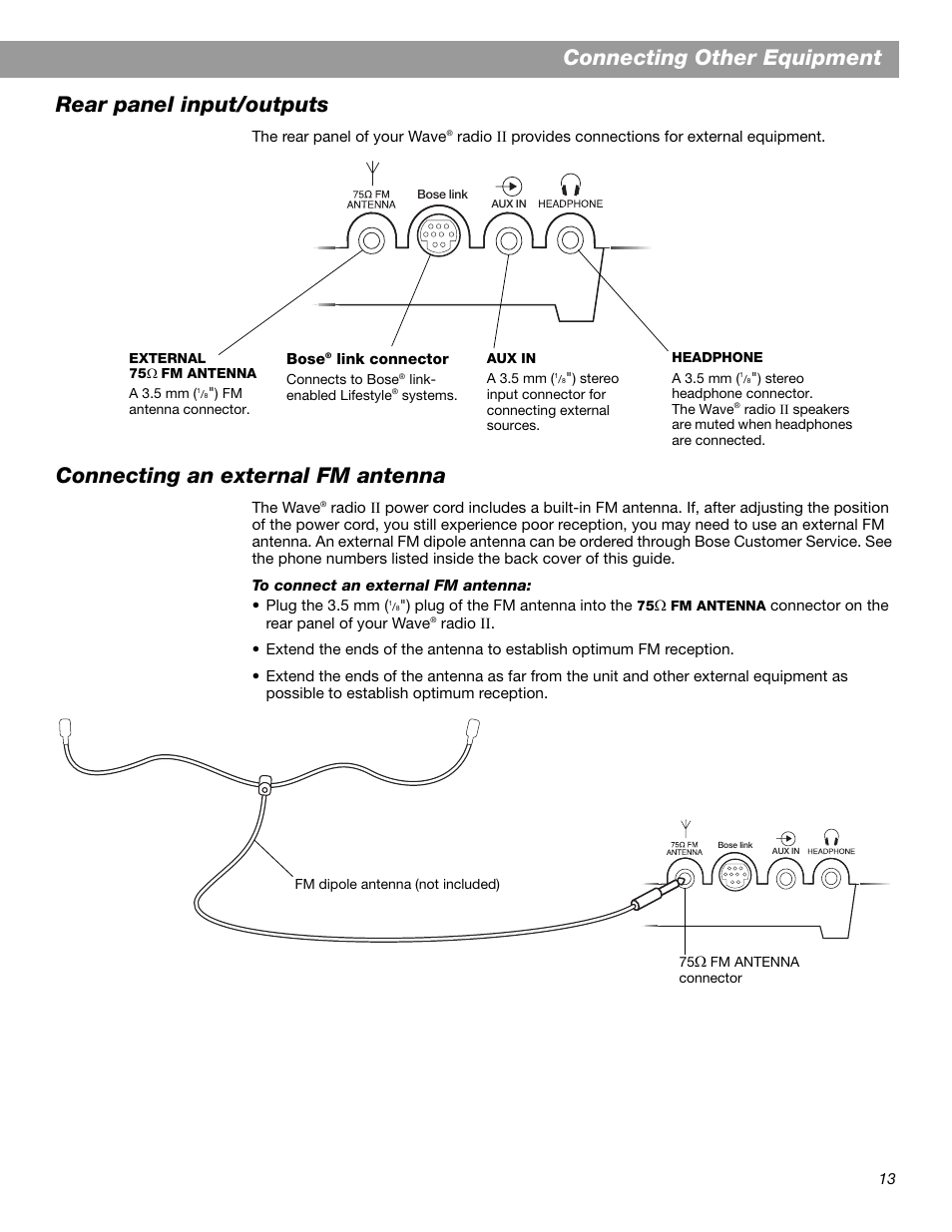 Connecting an external fm antenna | Bose Wave Radio II User Manual | Page 15 / 28
