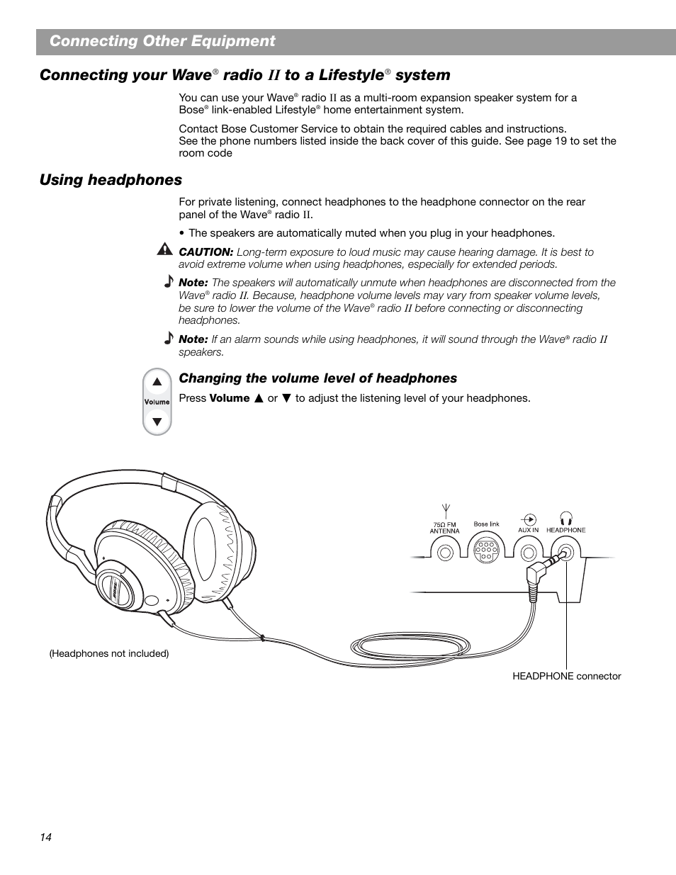 Connecting other equipment, Connecting your wave, Radio ,, to a lifestyle | System, Using headphones | Bose Wave Radio II User Manual | Page 16 / 28